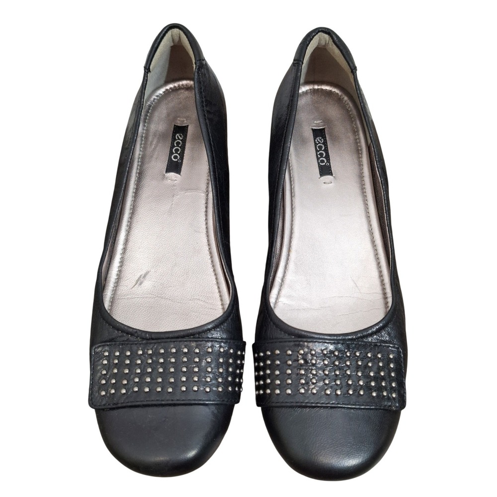 Ecco Womens Black Leather Studded Ballet Flats Round Toe Shoes EU 40 US 9-9.5